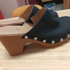 Wonderly Black and Tan Mules with Silver Accents